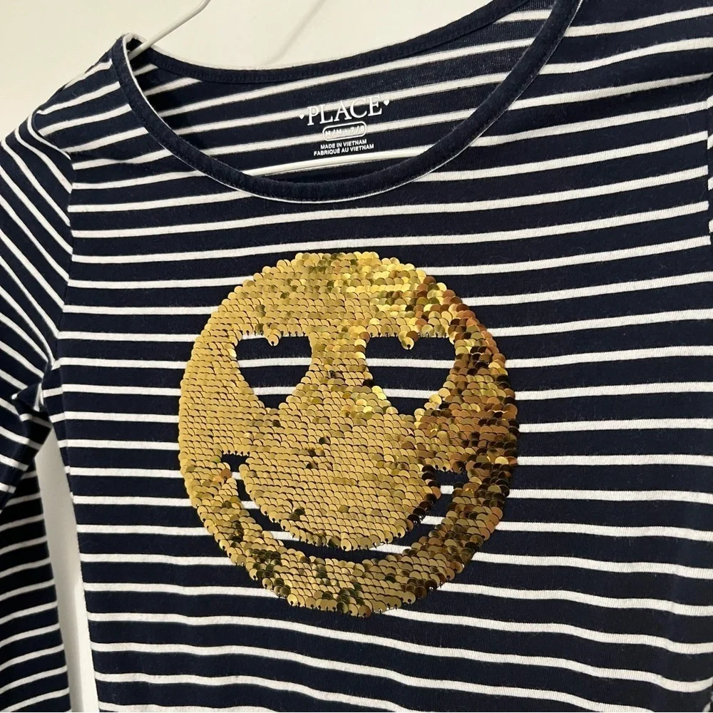 Girls Flip Sequin Dress Smiley Face Blue White Stripe The Childrens Place 7/8 M - Picture 10 of 11